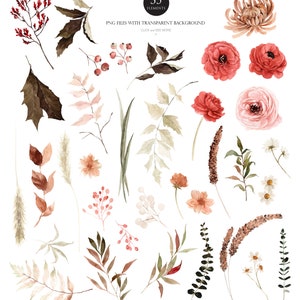 Puede incluir: Una colecci&oacute;n de 35 ilustraciones de acuarela con varios elementos florales y de follaje. Las ilustraciones incluyen flores rojas, rosas y blancas, as&iacute; como hojas y ramas verdes y marrones. Las ilustraciones son perfectas para agregar un toque de naturaleza a tus dise&ntilde;os.