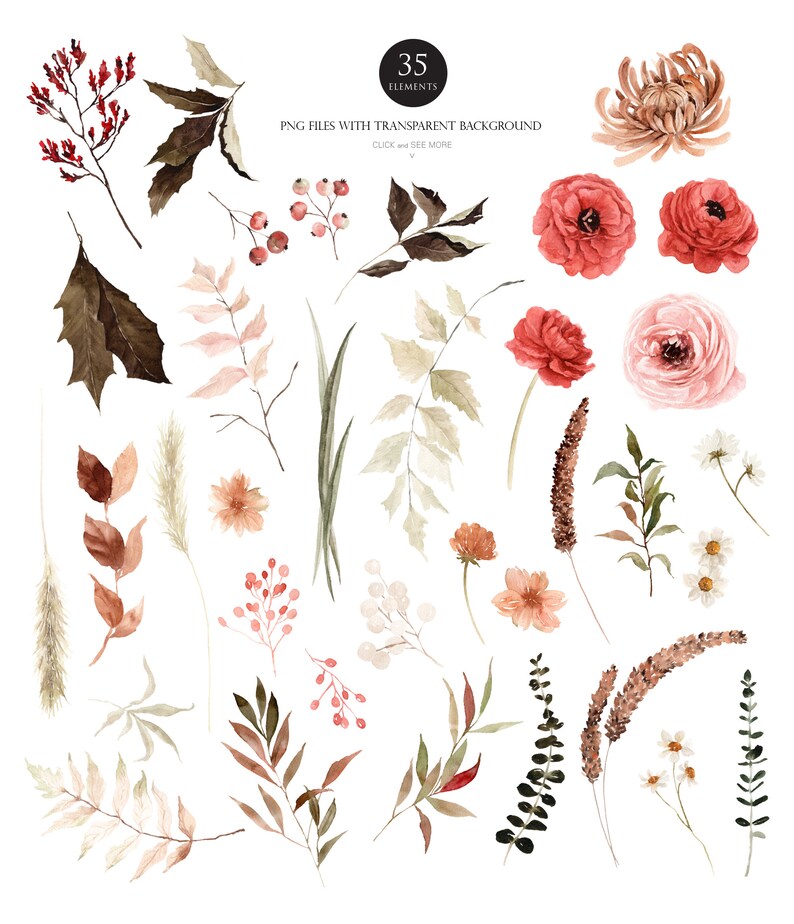 Puede incluir: Una colecci&oacute;n de 35 ilustraciones de acuarela con varios elementos florales y de follaje. Las ilustraciones incluyen flores rojas, rosas y blancas, as&iacute; como hojas y ramas verdes y marrones. Las ilustraciones son perfectas para agregar un toque de naturaleza a tus dise&ntilde;os.