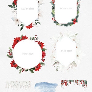 K&ouml;nnte beinhalten: Sieben Aquarellrahmen mit winterlichen Blumen- und Blattmotiven. Die Rahmen sind in verschiedenen Formen und Gr&ouml;&szlig;en, darunter ein Sechseck, ein Kreis und ein Rechteck. Die Rahmen sind mit wei&szlig;en Blumen, roten Beeren, gr&uuml;nen Bl&auml;ttern und Kiefern&auml;sten verziert. Die Rahmen sind perfekt, um Ihren Projekten einen Hauch von winterlicher Eleganz zu verleihen.
