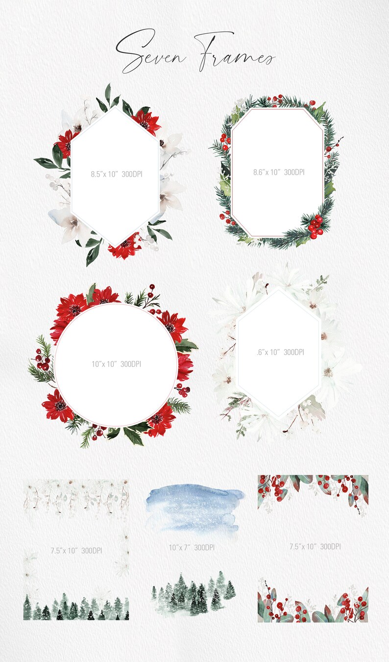 K&ouml;nnte beinhalten: Sieben Aquarellrahmen mit winterlichen Blumen- und Blattmotiven. Die Rahmen sind in verschiedenen Formen und Gr&ouml;&szlig;en, darunter ein Sechseck, ein Kreis und ein Rechteck. Die Rahmen sind mit wei&szlig;en Blumen, roten Beeren, gr&uuml;nen Bl&auml;ttern und Kiefern&auml;sten verziert. Die Rahmen sind perfekt, um Ihren Projekten einen Hauch von winterlicher Eleganz zu verleihen.