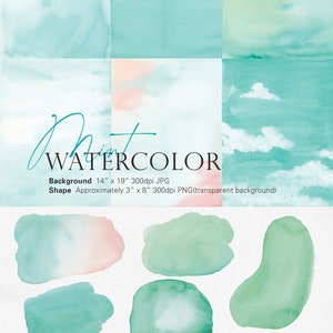 May include: A set of 8 watercolor digital clipart images in shades of green, blue, and pink. The images are approximately 3 inches by 8 inches and are 300 dpi. The background is transparent.