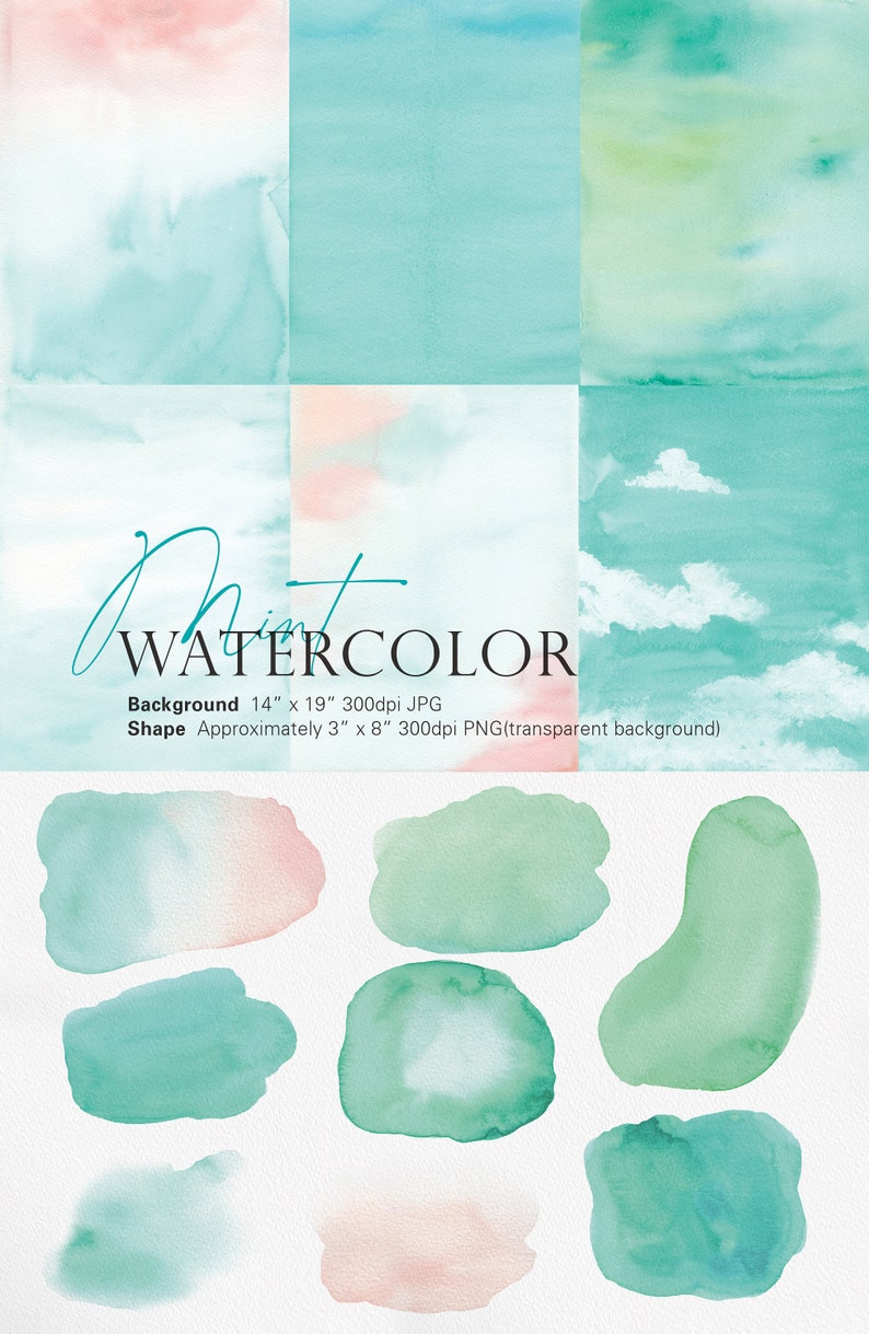 May include: A set of 8 watercolor digital clipart images in shades of green, blue, and pink. The images are approximately 3 inches by 8 inches and are 300 dpi. The background is transparent.
