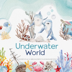 Underwater World, Watercolor Ocean, Watercolor Dolphin, Coral Clipart, Watercolor SEA, SEA Animal Clipart, Watercolor Wave, Ocean Natures