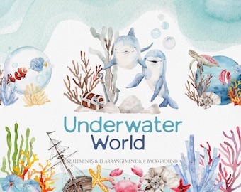 Underwater World, Watercolor Ocean, Watercolor Dolphin, Coral Clipart, Watercolor SEA, SEA Animal Clipart, Watercolor Wave, Ocean Natures