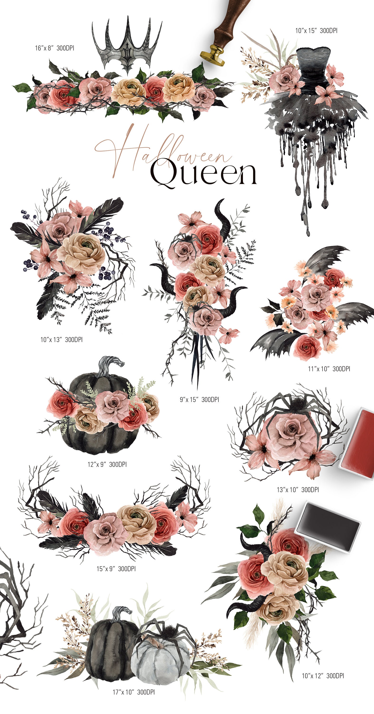 Halloween Queen Watercolor Flowers Halloween Clipart - Etsy