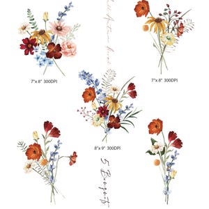 May include: Watercolor floral bouquets in shades of red, orange, yellow, and blue. The image includes five bouquets with the text "full Autumn floral" and "5 Bouquets". Each bouquet has dimensions noted in inches and DPI.