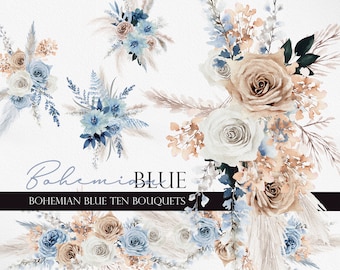Watercolor flower, Boho flower, Boho Blue clipart, Dusty blue flower, Boho flower clipart, Dried flower, Pampass clipart, Boho Bouquet