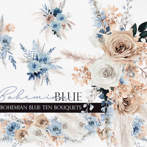 Watercolor flower, Boho flower, Boho Blue clipart, Dusty blue flower, Boho flower clipart, Dried flower, Pampass clipart, Boho Bouquet