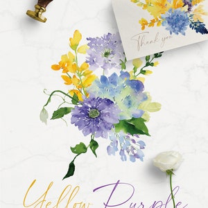 May include: Watercolor painting of a bouquet of yellow and purple flowers with green leaves. The flowers are arranged in a loose, natural style. The background is a white marble surface. The text "Thank you" is written on a card in the upper right corner of the image. The text "Yellow Purple" is written in cursive at the bottom of the image.