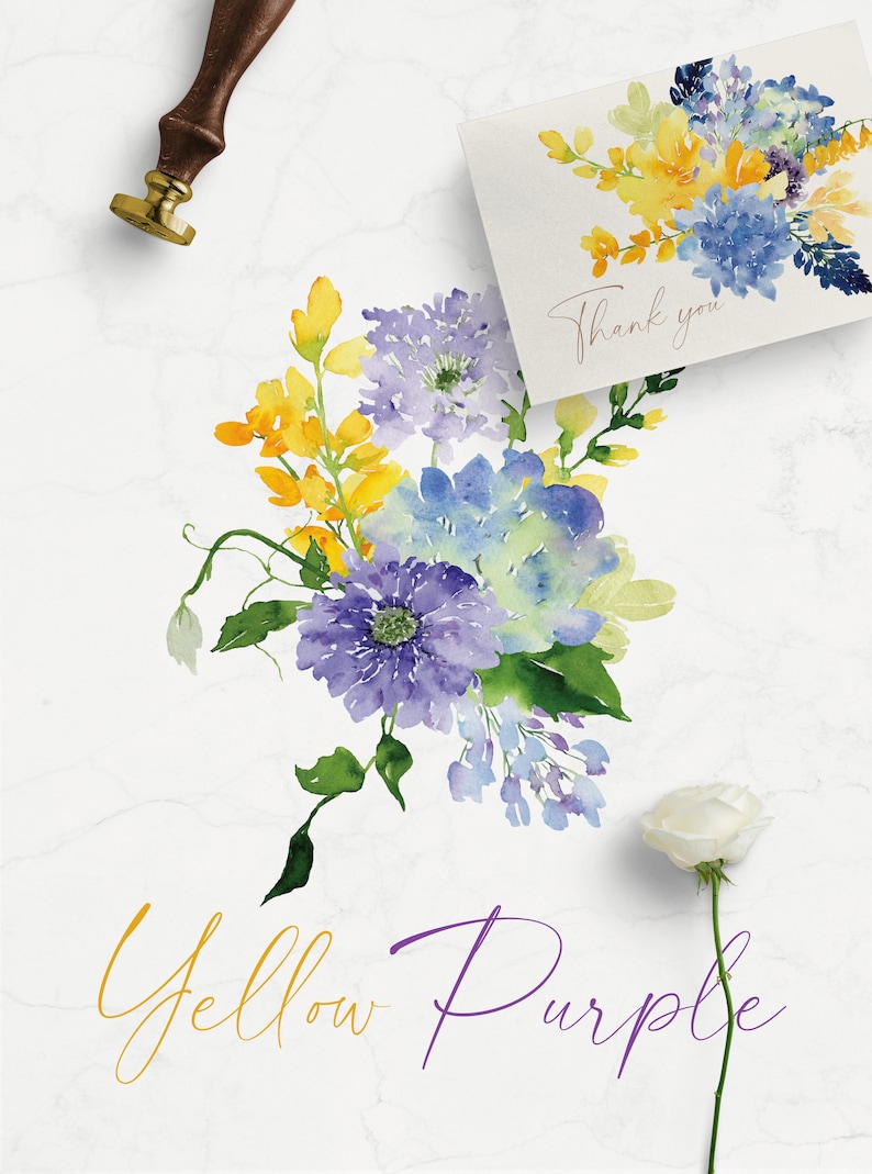 May include: Watercolor painting of a bouquet of yellow and purple flowers with green leaves. The flowers are arranged in a loose, natural style. The background is a white marble surface. The text "Thank you" is written on a card in the upper right corner of the image. The text "Yellow Purple" is written in cursive at the bottom of the image.