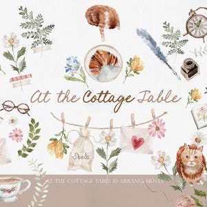 Akvarell stuga Clipart, Cottagecore Clipart Bundle, Vintage Kitchen Cat Watercolor PNG, Romantiskt tebord, Handmålad stuga