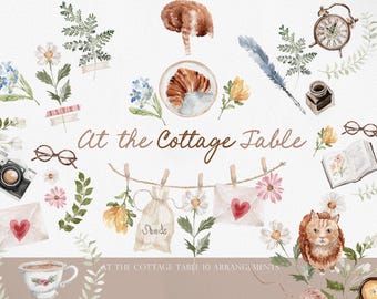 Watercolor Cottage Clipart, Cottagecore Clipart Bundle, Vintage Kitchen Cat Watercolor PNG, Romantic Tea Table, Hand Painted Cottage