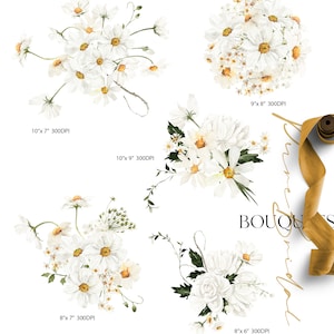 May include: Five watercolor illustrations of white daisy bouquets. The bouquets are arranged in different sizes and shapes. The text "BOUQUETS" is written in a gold script font.