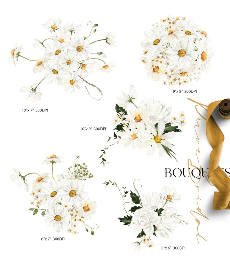 May include: Five watercolor illustrations of white daisy bouquets. The bouquets are arranged in different sizes and shapes. The text "BOUQUETS" is written in a gold script font.