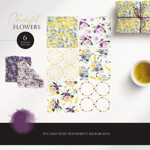May include: Six seamless floral patterns featuring yellow lemons, purple flowers, and yellow flowers on a white background. The text "Cheerful Flowers" and "6 Seamless Patterns" is included in the image.