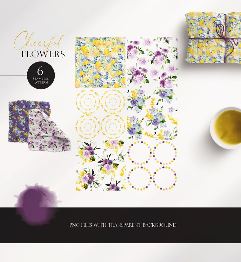 May include: Six seamless floral patterns featuring yellow lemons, purple flowers, and yellow flowers on a white background. The text "Cheerful Flowers" and "6 Seamless Patterns" is included in the image.