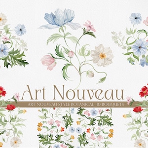 Jugendstil-Stil Blumen, Aquarell Blume PNG, Aquarell Blumen, Blumen Clipart, Wildblume PNG, Aquarell Clipart, Botanische KUNST