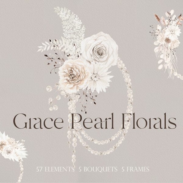 Grace Pearl Floral, Aquarell Blume, Hochzeit Clipart, Perlen Clipart, Pampass Clipart, Aquarell Weiße Blume, Weiße Rose PNG, Blume png