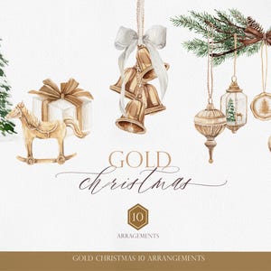 May include: A watercolor illustration set featuring a green pine tree, a gift box with a gold ribbon, a rocking horse, gold bells with a white bow, and hanging ornaments on pine branches. The text reads GOLD christmas 10 ARRANGEMENTS.