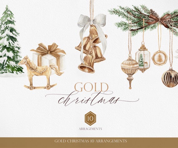 Gold Christmas Watercolor Clipart, Vintage Ornaments and Bells, Elegant Holiday PNG Arrangements
