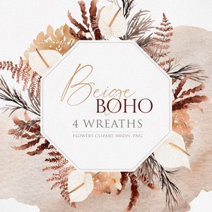 Boho Florals, Clipart de fleurs, Boho floral, Clipart de fleurs séchées, Clipart de pampa, Clipart d’hortensia, Clipart boho, Couronne de Boho