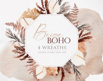May include: Beige Boho 4 Wreaths, a digital download of watercolor floral clipart featuring beige, brown, and white flowers and leaves. The clipart is 300 DPI and in PNG format.