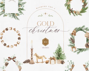 Gold Christmas Watercolor Clipart, Vintage Ornaments and Bells, Elegant Holiday PNG Arrangements