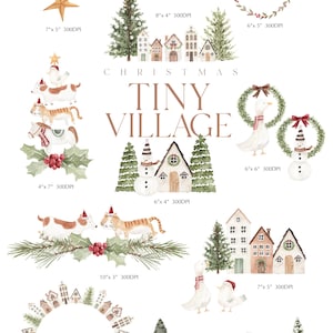 May include: Watercolor illustrations of Christmas-themed elements. Includes a candy cane, ornaments, a snowman, a bear, a goose, a snowman, a village, and animals wearing Santa hats. The text "CHRISTMAS TINY VILLAGE" is also present.