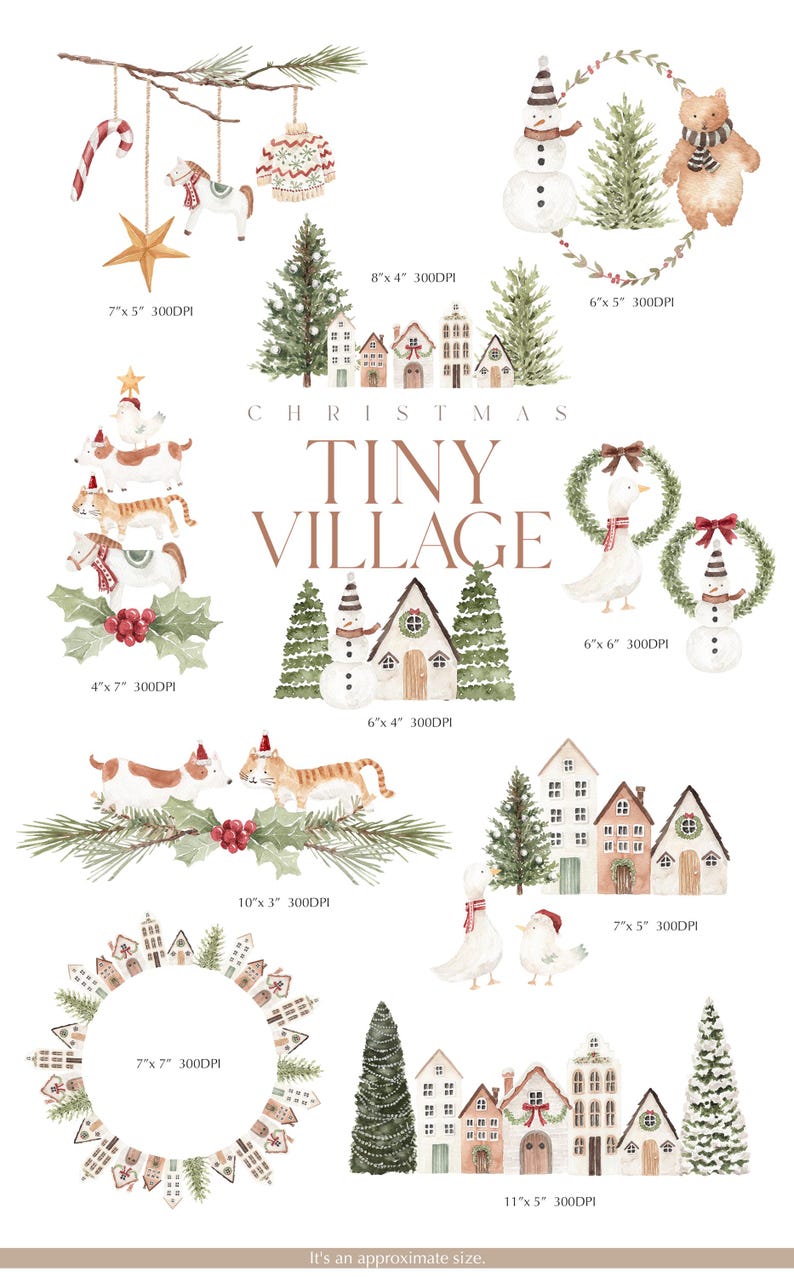 May include: Watercolor illustrations of Christmas-themed elements. Includes a candy cane, ornaments, a snowman, a bear, a goose, a snowman, a village, and animals wearing Santa hats. The text "CHRISTMAS TINY VILLAGE" is also present.