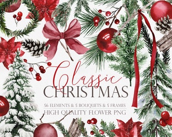 Classic Christmas, Christmas clipart, Christmas tree, Watercolor Christmas, Christmas Wreath, Watercolor winter clipart, Winter greenery
