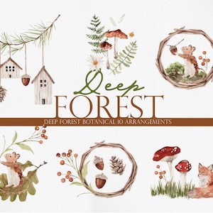 FORET PROFONDE, Clipart forêt aquarelle, art botanique aquarelle, clipart champignon, gland gland, clipart renard roux, clipart souris mignonne