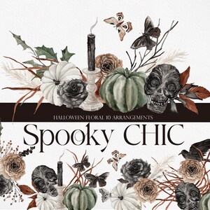 Spooky CHIC, Imágenes Prediseñadas de acuarela, acuarela Halloween, imágenes prediseñadas de Halloween, flores de Halloween, imágenes prediseñadas grotescas, flor de otoño de acuarela