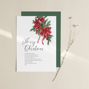May include: A white card with a watercolor illustration of red poinsettias and green pine branches. The card says "Merry Christmas" in elegant cursive script and includes a Christmas poem.
