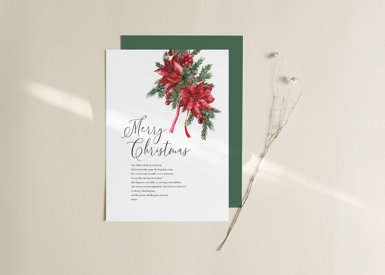 May include: A white card with a watercolor illustration of red poinsettias and green pine branches. The card says "Merry Christmas" in elegant cursive script and includes a Christmas poem.