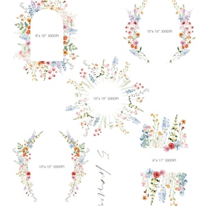 May include: Five watercolor floral wreaths and a floral border with blue, pink, orange, and yellow flowers. The wreaths are 10 inches in diameter and the border is 6 inches by 11 inches. All are 300 DPI.