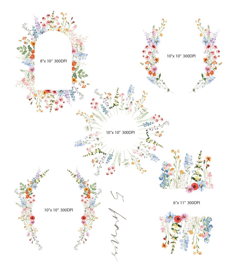 May include: Five watercolor floral wreaths and a floral border with blue, pink, orange, and yellow flowers. The wreaths are 10 inches in diameter and the border is 6 inches by 11 inches. All are 300 DPI.