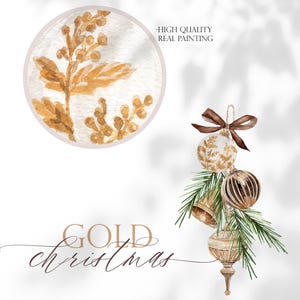 May include: A watercolor illustration of Christmas ornaments including a round bauble with gold botanical patterns, a striped bauble, and a bell, accented with pine needles and a brown ribbon. Text reads "GOLD christmas" and "HIGH QUALITY REAL PAINTING".