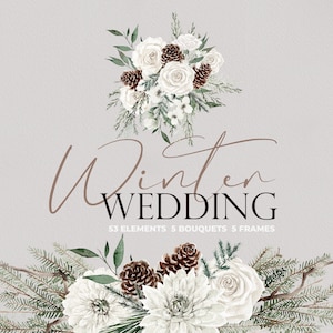 Casamento de inverno, clipart de inverno, inverno em aquarela, flor em aquarela, flores em aquarela, buquês de inverno em aquarela, clipart de rosa branca