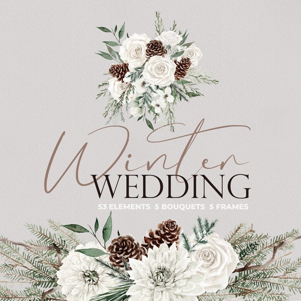 Winter Wedding, Winter Clipart, Watercolor Winter, Watercolor Flower, Watercolor Flowers, Watercolor Winter Bouquets, White Rose Clipart