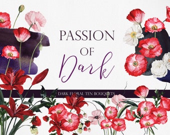 Passion flower, Watercolor flower png, Flower clipart, Poppy clipart, Anemone clipart, Red flower clipart, Dark flower, Red lily clipart