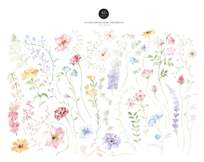 Pastel Wildflower Clipart, Watercolor Floral Bouquets, Spring Wedding Flowers PNG, Wildflower Clipart, Spring Wildflower, Spring flower PNG image 3