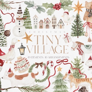Pode incluir: Ilustração em aquarela com tema natalino, apresentando um boneco de neve, casas, animais e árvores. O texto "Christmas Tiny Village" é exibido. Inclui 49 elementos e 10 arranjos.
