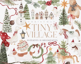 Christmas TINY VILLAGE, Watercolor Christmas, Christmas Clipart, Boho Christmas, Christmas Tree, Watercolor Christmas Tree, Cute Christmas