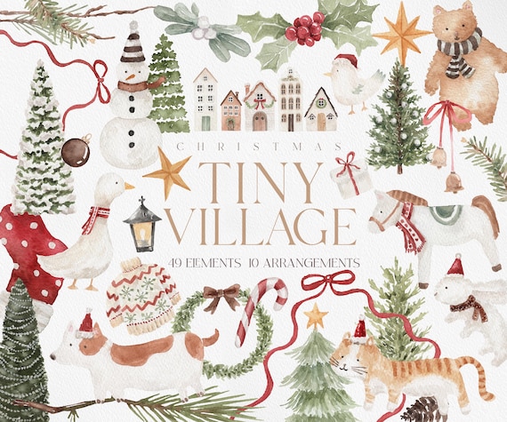 Christmas TINY VILLAGE, Watercolor Christmas, Christmas Clipart, Boho Christmas, Christmas Tree, Watercolor Christmas Tree, Cute Christmas