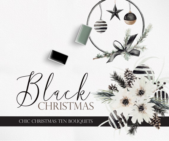 Black Christmas clipart, Modern Christmas, Black ornaments, Pinecorn clipart, Winter flower PNG, Winter Bouquets, Black clipart