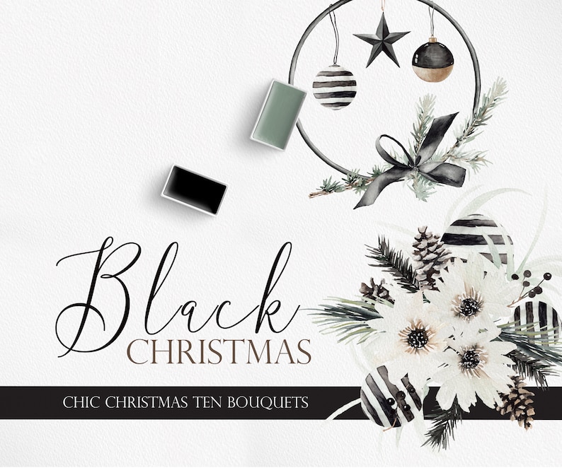 Puede incluir: Ramos de Navidad en acuarela en blanco y negro con un adorno a rayas blanco y negro, flores blancas, ramas de pino y un lazo negro. El texto "Black Christmas Chic Christmas Ten Bouquets" est&aacute; en la parte inferior de la imagen.