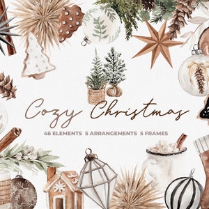 Clipart di Natale accogliente, Clipart di ornamenti, Clipart di Natale, Natale Boho, Clipart dell'acquerello, Natale dell'acquerello, Ghirlanda di Natale