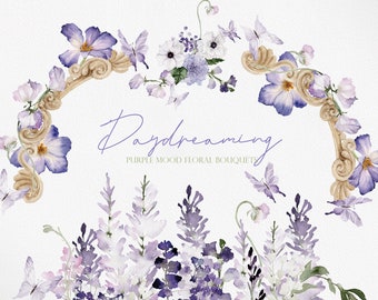 DAYDREAMING, Watercolor Flower, Watercolor Purple Flower PNG, Watercolor Clipart, Purple Flower, Flower PNG, Purple Bouquets,