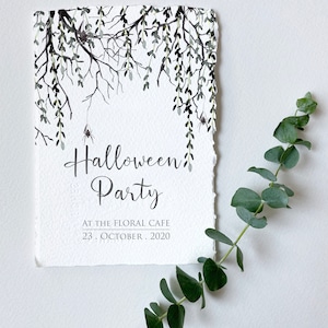May include: A white card with a black and gray watercolor illustration of branches with leaves and spiders. The text "Halloween Party" is written in black cursive script. Below the text is "At the Floral Cafe" and "23. October. 2020".