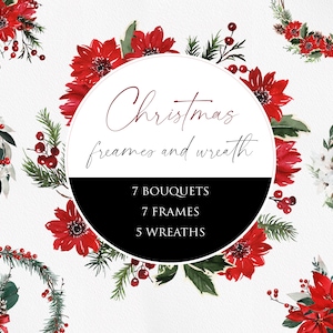 Clipart de guirlanda de Natal, buquê de Natal, moldura de Natal, clipart de cartão de férias, poinsétia em aquarela, clipart de Natal